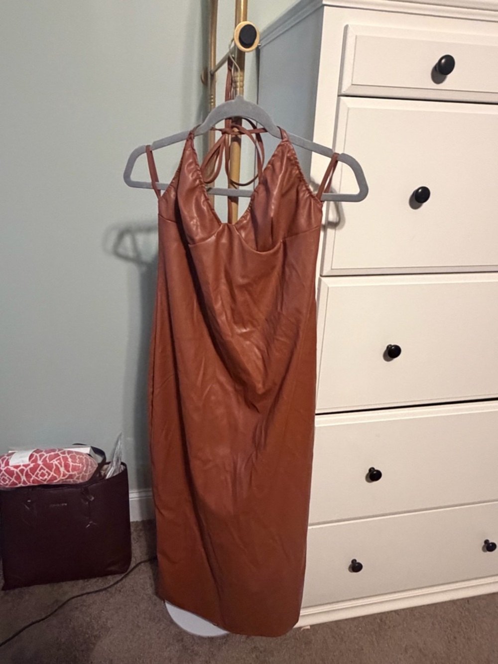 SHEIN Tan Faux-Leather Midi Slip Dress with Spaghetti Straps